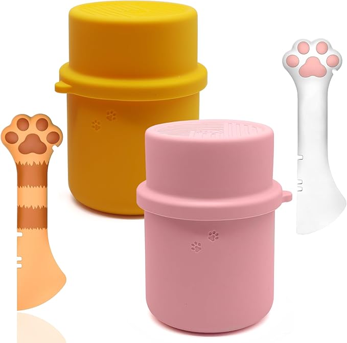 Original Canned Dog Food Storage Container & One Can Spoon | Silicone Can Cover Pet Food Sealer & Cute Paw Shape Opener Spatula | BPA Free, Airtight, Dishwasher & Freezer Safe (Orange+Pink)