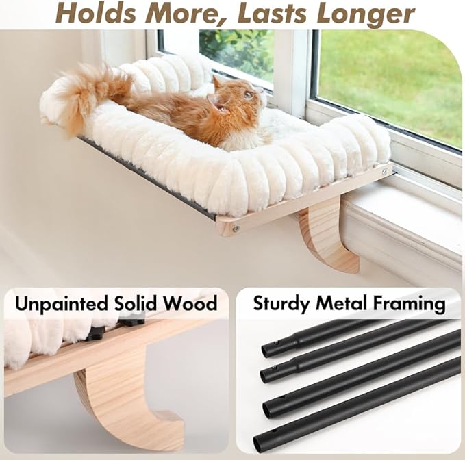 valigogo Cloud-Soft Cat Window Sill Perch with Zipper Designed Cushioned Bed, Supportive Cat Window Seat with Premium Solid Wood & Sturdy Metal Frame, Pet Hammock Bed for Large Cats (Medium, White)