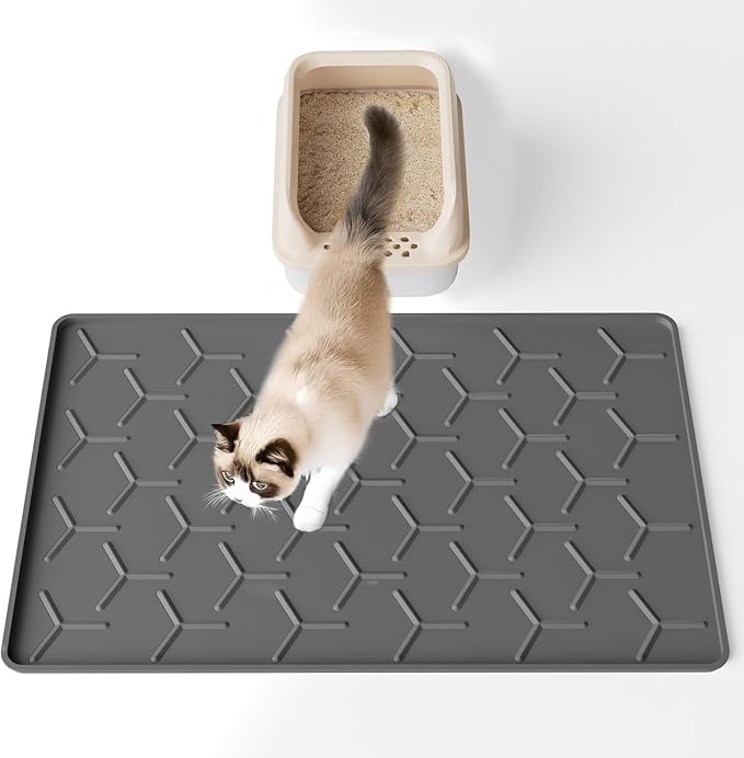 Silicone Cat Litter Mat with Raised Edges, Waterproof/Urineproof, Litter-Collecting Interior Ridges, Soft & Pet-Friendly (24"x16"-Dark Grey)