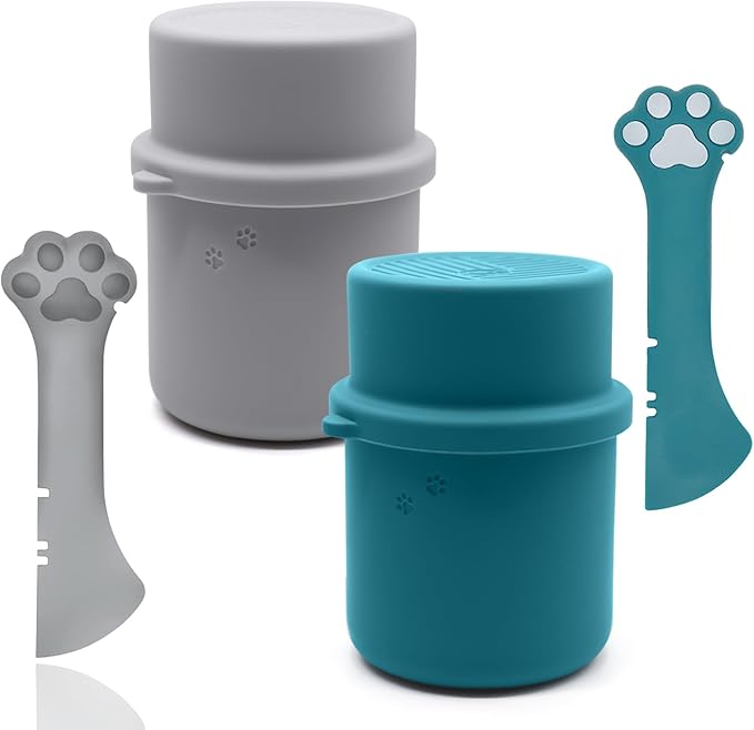 Original Canned Dog Food Storage Container & One Can Spoon | Silicone Can Cover Pet Food Sealer & Cute Paw Shape Opener Spatula | BPA Free, Airtight, Dishwasher & Freezer Safe (Grey+Dark Blue)
