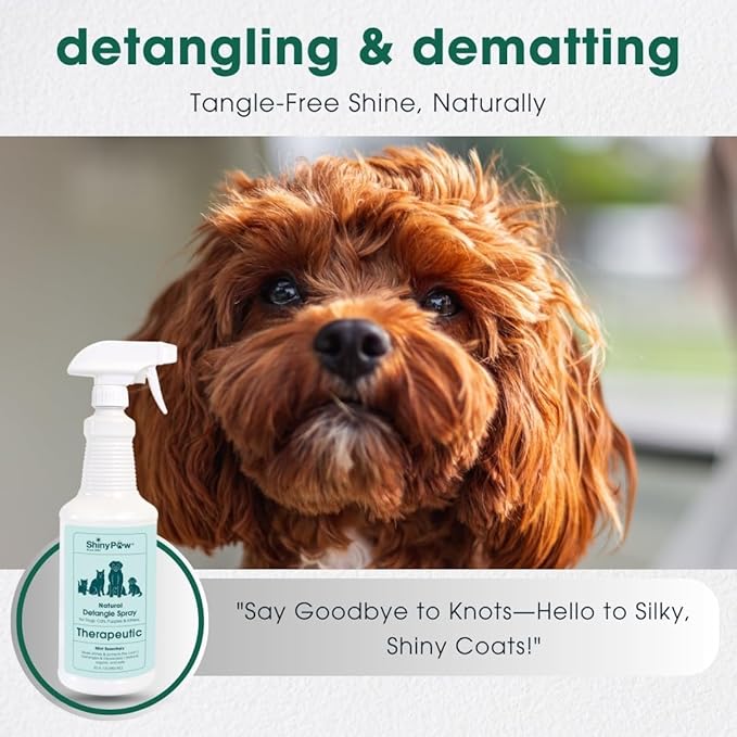 Pet Detangler Spray for Dogs & Cats 32 oz by Shiny Paw | Mint Essentials Detangler Spray | Hypoallergenic Dogs Detangler | Shines & Restores Coat | Made in The USA