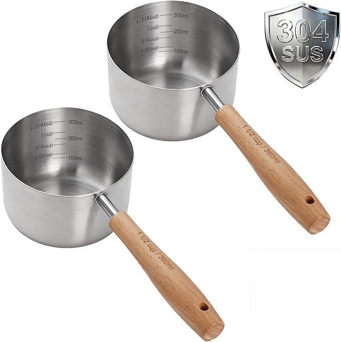 TREMENDRY 2PCS 1-1/2Cup(360ml | 12oz) Dog Cat Food Scoop, 18/8(304) Stainless Steel Measuring Cup with Wooden Handle, Etched Measurements Inside, BPA Free Portion Control for Pets & Kitchen Use