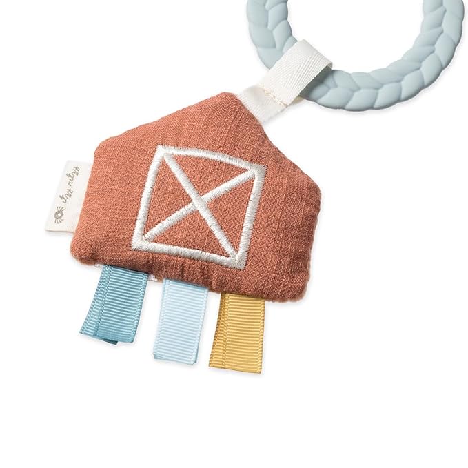 Itzy Ritzy Teething Activity Toy - Bitzy Busy Ring Infant Teething Toy Features Braided Ring & Dangling Toys, Includes Teether, Textured Ribbons, Crinkle Sound & Jingle Bell - 0 Months & Up (Farm)