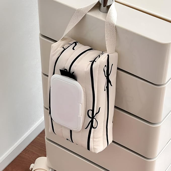 AGLOO Bow Baby Wipes Dispenser - Portable Wet Tissue Storage Bag for Travel, Refillable Diaper Wipe Holder for Car and Stroller – Reusable Hanging Wet Wipe Pouch (Black-White)