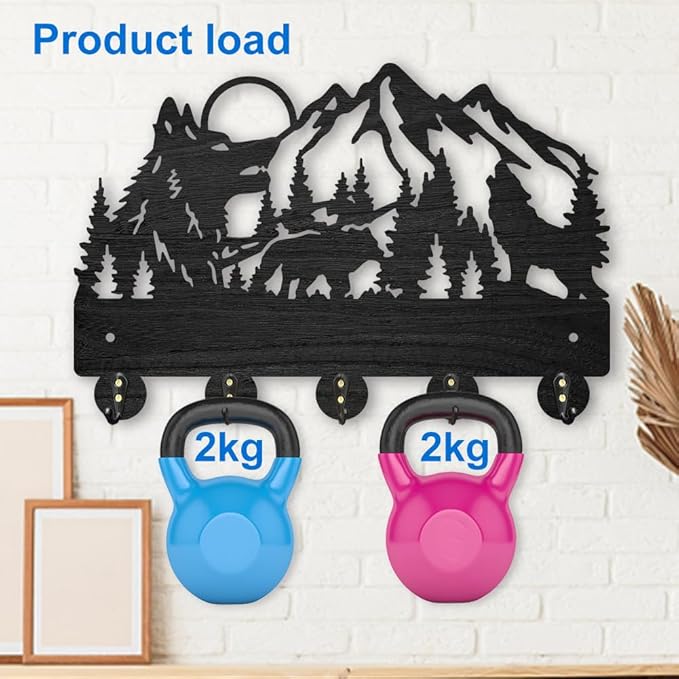 MAYJOYDIY Wood Wolf Forest Coat Rack Wall Mount Mountain Tree Key Holder for Wall Animal Sun Wall Hook 11.8×7.9inch Decorative Bear Hook 5 Alloy Hooks for Gift Entryway Living Room Farmhouse Cabin