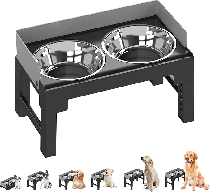 PAKEWAY Elevated Dog Bowls, Spill Proof, Tiltable Dog Feeder with 2 Stainless Steel Bowls, 6 Height Adjustable Raised Bowl
