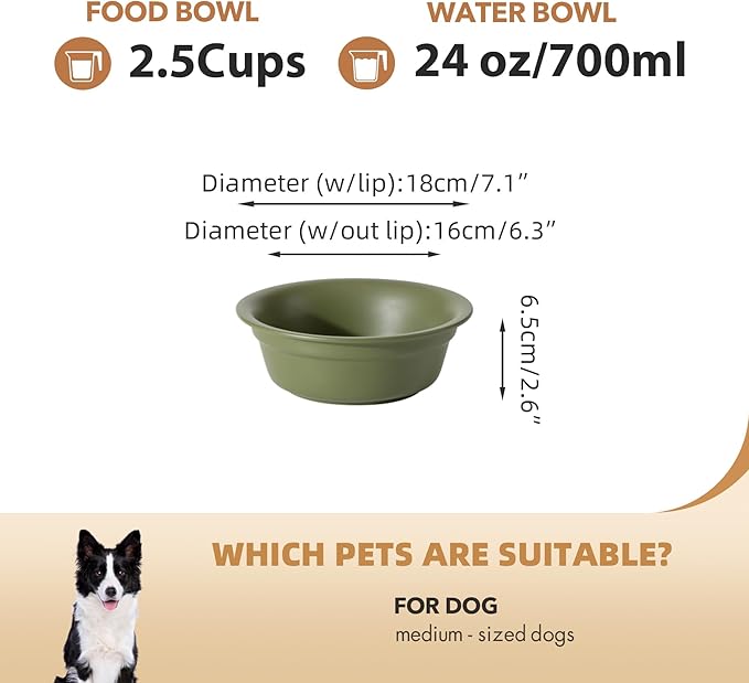 Ceramic 7.1inch Set of 2 Dog Bowls for Medium Dogs, 2pcs Basic 2.5 Cup Food or 24 oz Water Dishes for Replacement, Wide Opening Rounded Edge(2 Bowls, Olive Green)