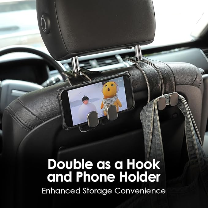 KINIVA 4 Pack Car Seat Hooks for Headrest, PU Leather Purse Hook Holder - Double Hook Design for Bags, Phones, Groceries, Car Back Seat Storage Accessories (06-Black 4 Pcs)