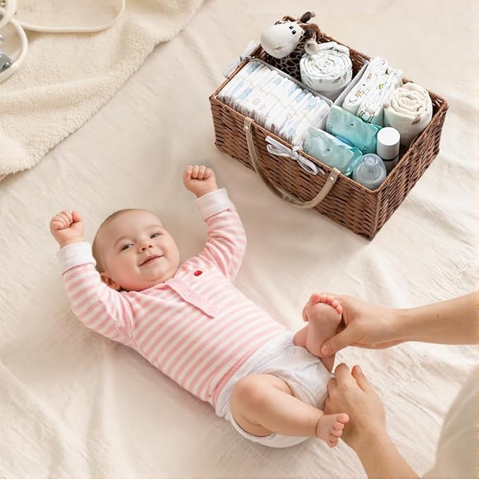 HBlife Large Diaper Caddy Organizer, Washable Waterproof, Portable Plastic Wicker Woven Basket with Divider, Nursery Diaper Station, Baby Shower Gifts Basket & Car Organizer