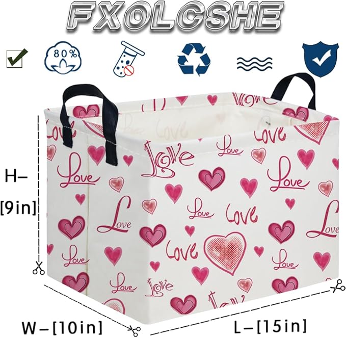 FXOCSHE Rectangular Pink Valentine's Day Gift Basket,nursery basket,Pink girls gift baskets,kids toy storage Bin, Love Heart Room Decor for Home,Shelf Baskets(Beautiful love)