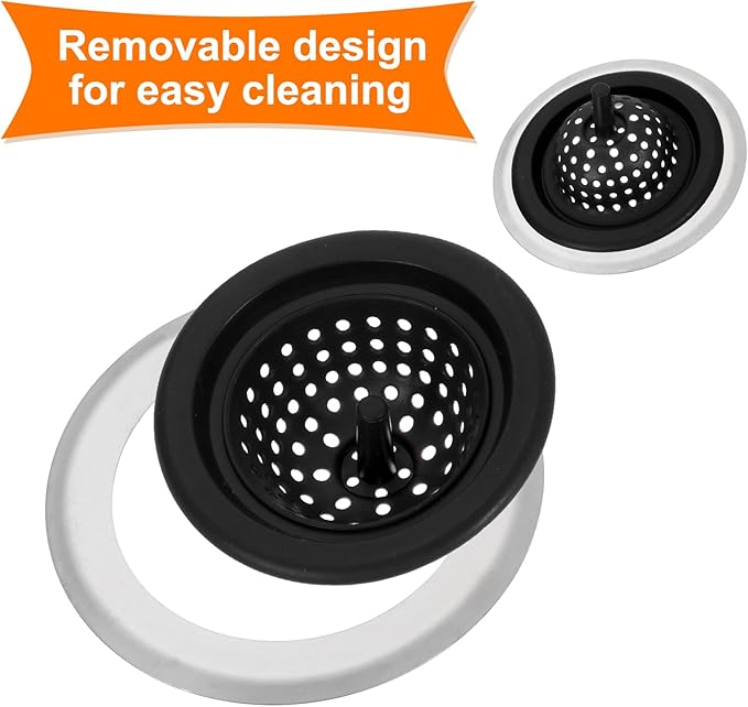 uxcell Silicone Sink Strainer, 2Pcs Kitchen Sink Drain Strainer Stopper with Detachable Stainless Steel Edge 4.7" Diameter Rim, Black