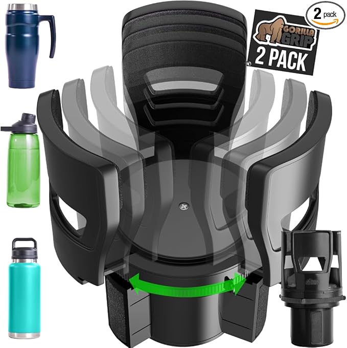 GORILLA GRIP Car Cup Holder Expander 2 Pack, Keeps Large Drink Cups Secure, Expander Fits Yeti, HydroFlask, Stanley 18 to 48oz Large Water Bottles, Coffee Mug, Adjustable Arms and Base Insert, Black