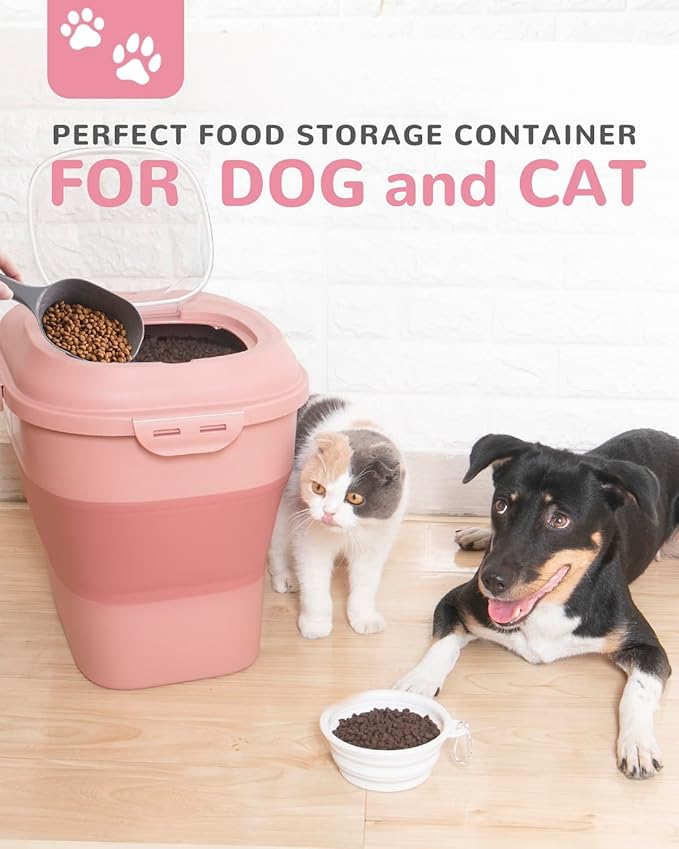 DDMOMMY 30-35 Lbs Dog Food Storage Container Collapsible Dog Food Container with Airtight Lids, Wheels, Scoop and 2pcs Food Storage Containers, Large Pet food storage for Dog, Cat (Pink)