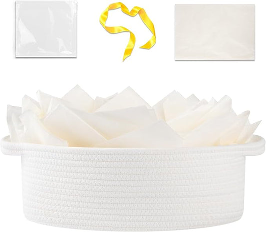 OIAHOMY Gift Basket Empty with Handle, 13.4"x 10"x 5.5" Small Woven Basket with Gift Bag, Ribbon and Wrap Tissue Paper, Dog Toy Storage for Organizing - White