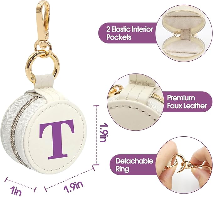 Mini Initial Travel Jewelry Case Ring Holder, Beige Faux Leather Small Jewelry Organizer Box Gifts for Women Girls Nurse Teacher, Gym Travel Accessories Keychain Pouch for Earrings Rings Necklace T