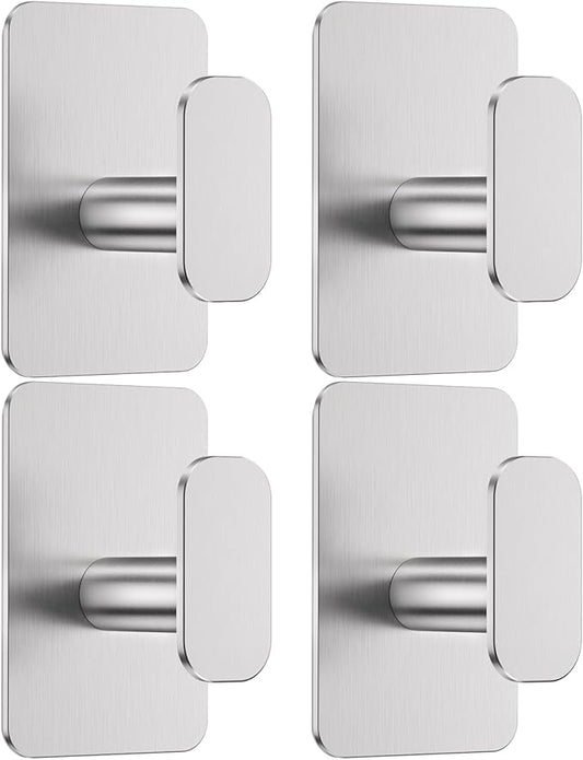 Heavy Duty Self Adhesive Hooks - 26lb Max, Sticky Wall Hooks Stainless Steel for Hanging Towel, Coat, Robe, Waterproof & Rustproof Hooks Stick on Bathroom, Shower, Kitchen(Silver, 4 Pack)
