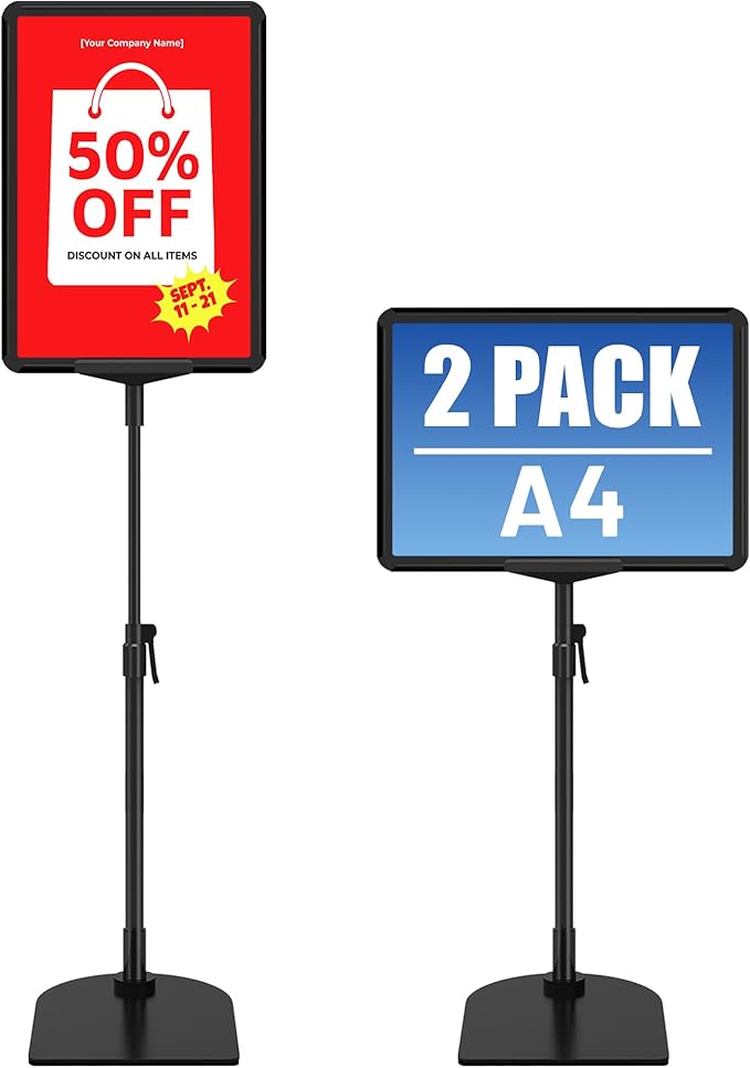 Sign Holder Stand A4, Adjustable Poster Stand for Table Top & Floor, Signage Display Stands, Floor Standing Sign Holder for Advertisement, Tradeshow, Store, Business, 2 Pack