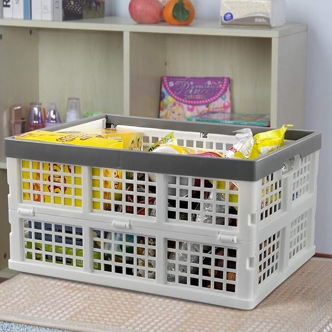 Waikhomes 30 L Foldable Crate Basket, Set of 3 Plastic Stackable Box for Storage (White)