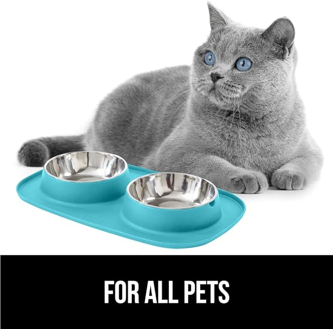 GORILLA GRIP Feeding Mat Set, Patent Pending 100% Waterproof BPA Free Silicone, Stainless Steel Cat and Dog Bowls, Slip Resistant, Edges Catch Water, Food, US Designed Pet Accessories, 1 Cup Turquoise
