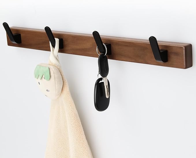 IURRDOP 17 Inch Walnut Wood Wall Mounted Coat Rack with 4 Black Hooks, Adhesive Mounted Entryway Hooks, Modern Natural Wooden Pegs for Hanging Coat Clothes Hat Bag Purse Key and Towel