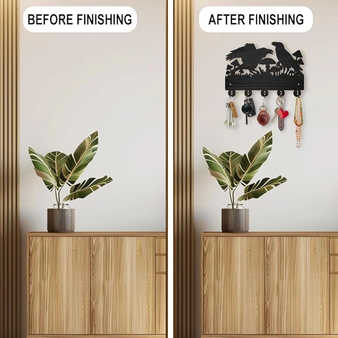 MAYJOYDIY Crow Coat Hooks Wall Mount Black Crow Mushroom Wood Key Holder for Wall 11.8×7.9inch Black Wall Art Decor Key Hooks 5 Alloy Hooks for Gift Entryway Living Room Kitchen Office