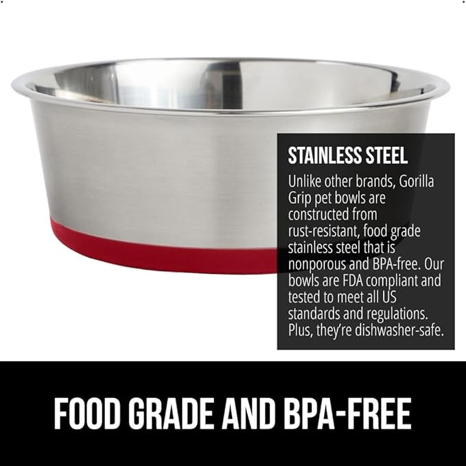 GORILLA GRIP Dog Bowls, Holds 1 Cup Each (8 fl oz), Heavy Duty Stainless Steel Food and Water Bowl for Feeding Dogs and Cats, Dishwasher Safe, Rust Resistant Metal, BPA Free Rubber Base, Set of 2 Red