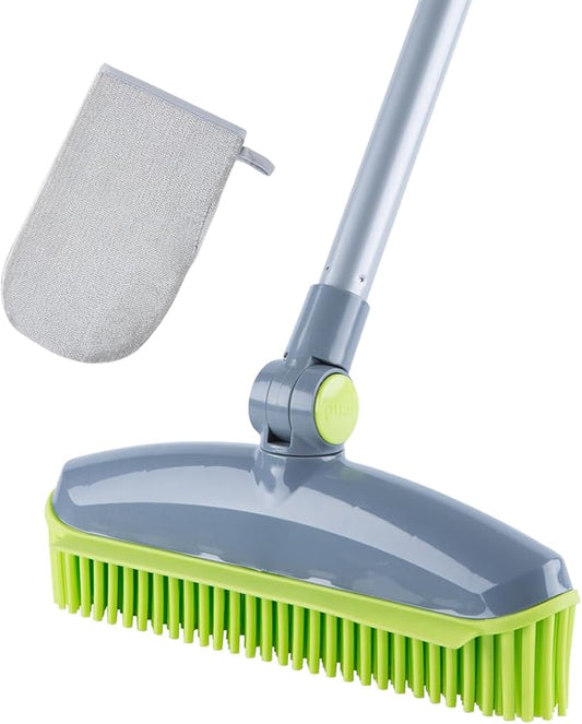180°Rotating Rubber Broom with Squeegee for Pet Hair Removal - 50" Iron Handle Fur Remover Rake Brush for Carpet, Hardwood & Tile Floors, Includes Pet Hair Removal Gloves (Green)
