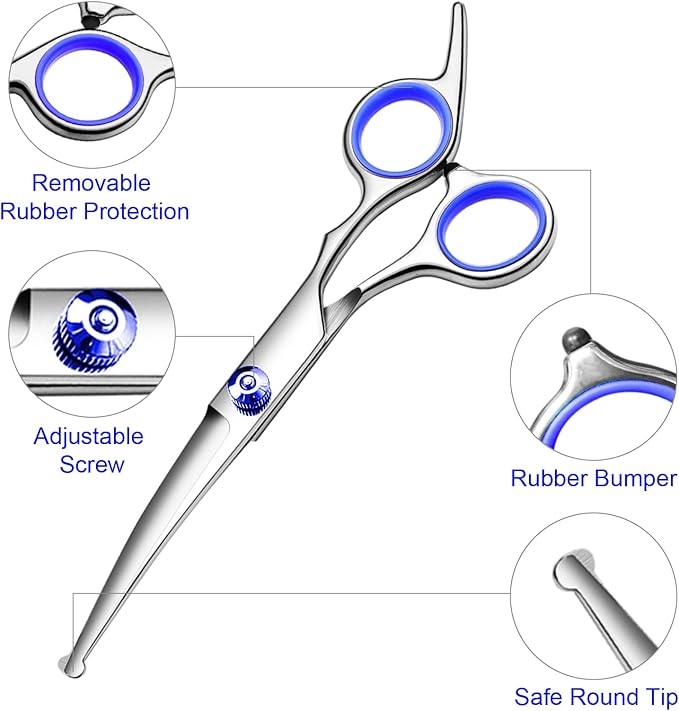 Professional Dog Grooming Scissors Kit, Titanium Coated Dog Scissors for Grooming, Grooming Shears Kit - Thinning, Curved Scissors and Comb for Dog Cat Pet (Blue 4 in 1)
