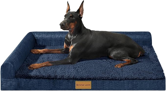 Patas Lague Orthopedic XL Dog Bed Large Sized Dog 48''X30'', Waterproof L Bolster Big Large Pet Sofa Beds with Removable Washable Cover, Soft Pet Couch Crate Mat with Nonskid Bottom, Navy Blue