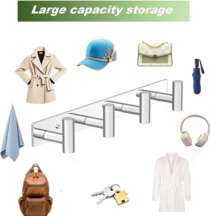 VINHOLD Wall Mounted Coat Rack-4 Hooks, Heavy Duty Stainless Steel Wall Hooks for Towel Coat Bag, Hat Rack Coat Hanger Coat Hooks Towel Racks for Bathroom Entryway Kitchen Hotel (Glossy, 1 Pack)