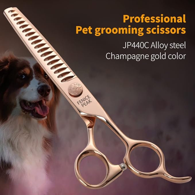 Fenice Peak Chunker Dog Grooming Scissors Champagne Gold 440C Stainless Steel Professional Trimming Thinning Shears for Dogs and Cats 75% Thinning Rate