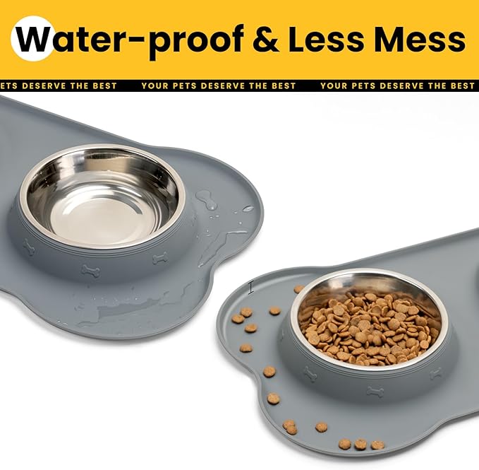 Dog Bowls with Silicone Feeding Mat,No Spill Food Water Dish Set,Dishwasher Safe,2 Stainless Steel Puppy Bowls with Dogs Bandanas,Suitable for Tiny Pets Under 8lbs,Extra Small,Grey