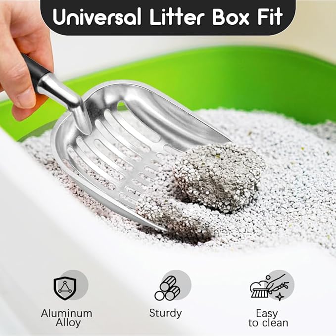 Showvigor Cat Litter Scoop, Metal Cat Scooper, Plastic Handle Scoop, Sifting Shovel – Heavy Duty Aluminum Alloy Litter Box Scoop with Deep Mesh, Design for Easy Waste Removal and Cleaning, (Black)