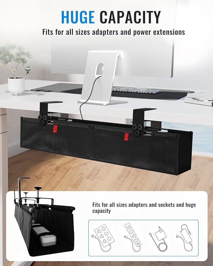 28" No Drill Under Desk Cable Management Tray - Upgraded Oxford Fabric with Cable Loop, No Damage to Table for Standing Desks and Home Office (Regular (28 Inch))