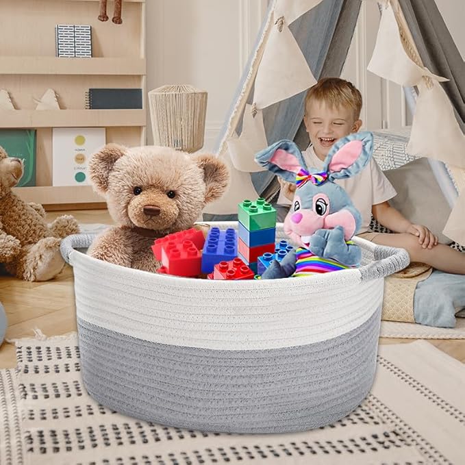 Large Cotton Rope Storage Basket with Handles, Hamper, Laundry Basket, 20 "L x 14" W x 12 "H, Home Decor for Storage Blanket &Toy, etc .(White & Gray）
