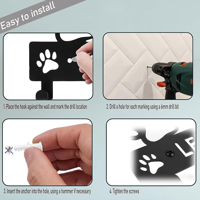 Delllala 5-Hooks Dog Leash Holder for Wall， Dog Accessory Holder ，Metal Key Holder Leash Hooks