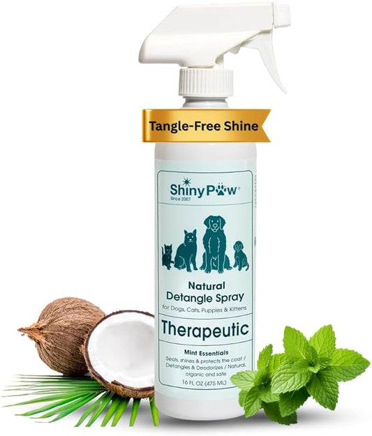 Pet Detangler Spray for Dogs & Cats 16 oz by Shiny Paw | Mint Essentials Detangler Spray | Hypoallergenic Dogs Detangler | Shines & Restores Coat | Made in The USA