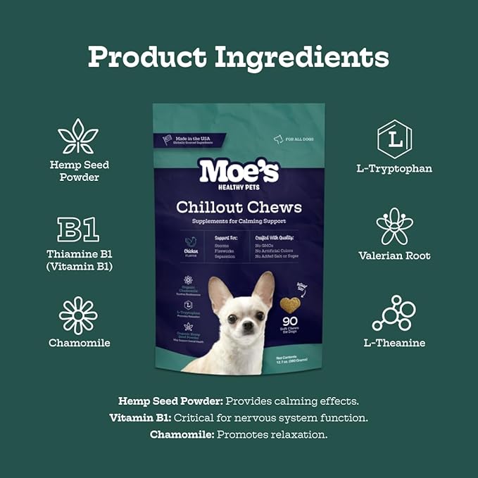 Moe’s Calming Chews for Dogs 90ct – Natural Anxiety Relief with Hemp, Chamomile, and Tryptophan – Calming Dog Treats for Separation, Fireworks, Travel and Storms (Chicken)