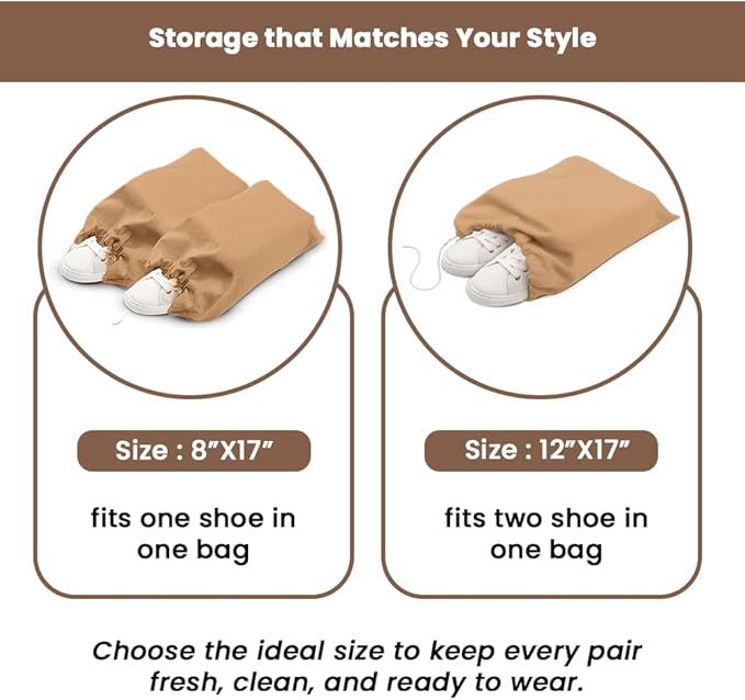 LFH Cotton Rich Shoe Storage Bags with Drawstring, Dustproof Breathable Reusable Organizer, Perfect For Travel, Dorm, Hotel, College, Gym, Easy to Carry, Machine Washable 8"x17" (Pack of 4) - Beige