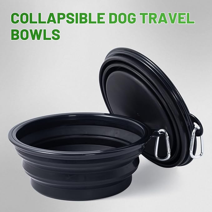 Dog Bowl Pet Collapsible Bowls, 2 Pack Collapsible Dog Water Bowls for Large Dogs Cats, Portable Pet Feeding Watering Dish for Walking Parking Traveling with 2 Carabiners (Black+Black, Jumbo)