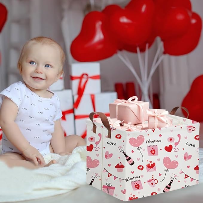 FXOCSHE Rectangular Pink Valentine's Day Gift Basket,nursery basket,Pink girls gift baskets,kids toy storage Bin, Love Heart Room Decor for Home,Shelf Baskets(Balloon Love)