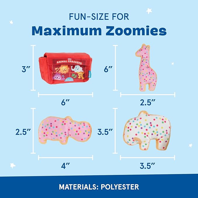 Barkbox Animal Squeakers Multi-Part Dog Toy – 4-in-1 Plush Toy Set with Treat-Hiding Crinkle Box & Three Squeaky Cookies – Fun Play for X-Small to Small Dogs