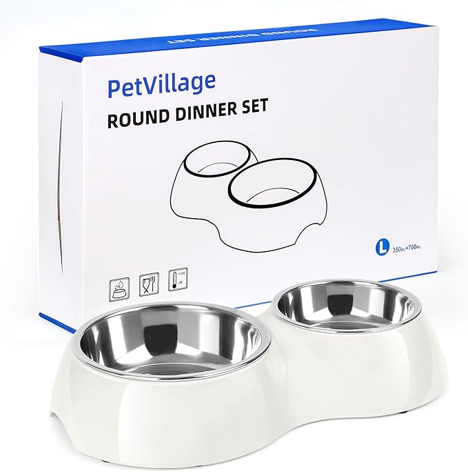 PetVillage Elevated Dog Bowls Set - Non-Slip Raised Pet Feeder with Medium (10 oz) & Large (20 oz) Stainless Steel Bowls - Includes Durable Resin Stand for Corgi Puppies and Adult Cats - White