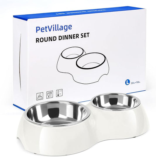 PetVillage Elevated Dog Bowls Set - Non-Slip Raised Pet Feeder with Medium (10 oz) & Large (20 oz) Stainless Steel Bowls - Includes Durable Resin Stand for Corgi Puppies and Adult Cats - White