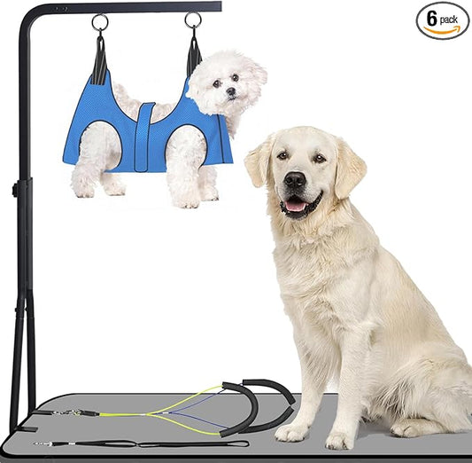 Dog Grooming Arm, Adjustable Pet Grooming Arm with Clamp for Small and Medium Dogs,Grooming Loop and No Sit Haunch Holder (Black, 42" H Arm + Heavy Duty Double Clamp + Hammock)