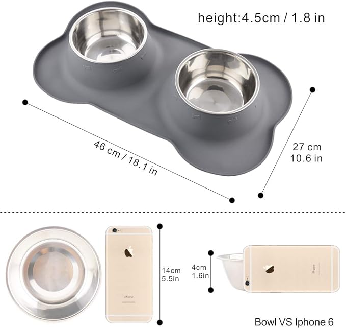 Dog Bowls with Mat, Cat Water Food Bowl Set (13.5oz Each) in No Spill Silicone Mat, Dual Pet Feeder Bowl for Puppy, Cats, Small Medium Dogs (Bone Shape, Grey)