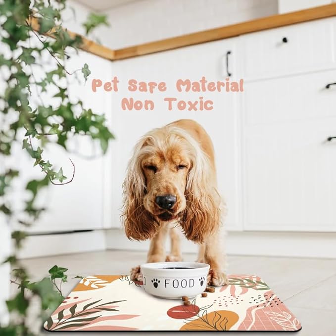 Dog Food Mats for Floors Waterproof, Pet Water Bowl Mats Pet Feeding Absorbent Placemats Bohemia Tropical Leaves 12 * 20 inch