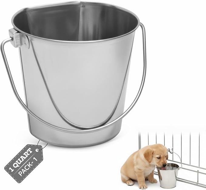 AASPIRE PETS Flat Sided Stainless Steel Bucket, 1 Quart (0.25 Gallon) Hanging Feeding Pail for Small Pet Dogs Cats Birds, Fits Kennels Cages Compatible, Heavy Duty Food & Water Feed, 5" Silver Buckets