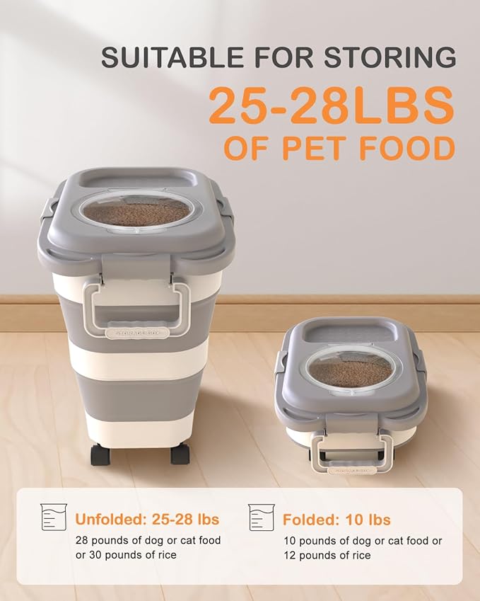 DDMOMMY 25-28 Lbs Dog Food Storage Container with Handle, Collapsible Dog Food Container with Airtight Lids, Wheels, Large Pet food storage Container for Dog Cat,Dog Food Scoop,Small Container