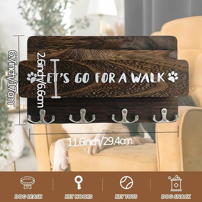 Wood Dog Leash Holder for Wall, Key Hangers with 4 Double Key Hooks, Dog Leash Hanger Wall Mounted for Entryway, Farmhouse Treats,30cm, Brown